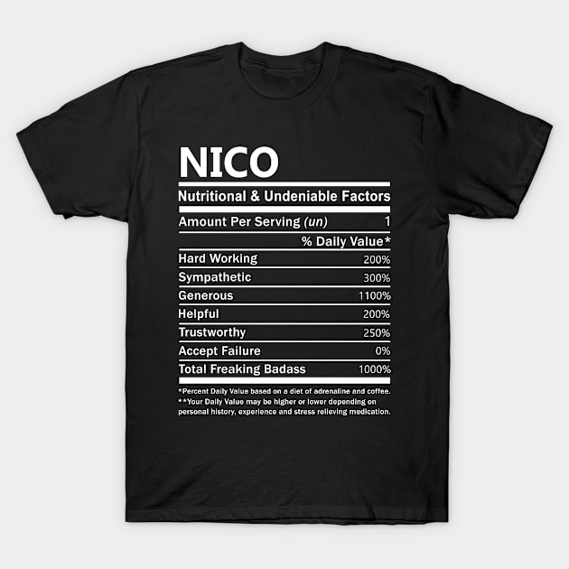 Nico Name T Shirt - Nico Nutritional and Undeniable Name Factors Gift Item Tee T-Shirt by nikitak4um